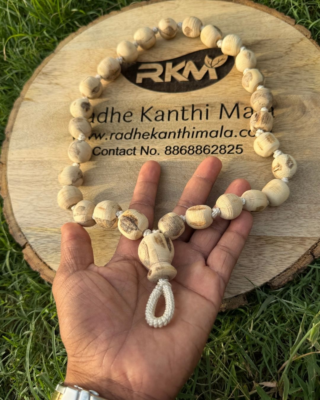 27+1 Tulsi Beads Japa Mala with big size Tulsi wood beads used for daily chanting, meditation, and spiritual devotion.