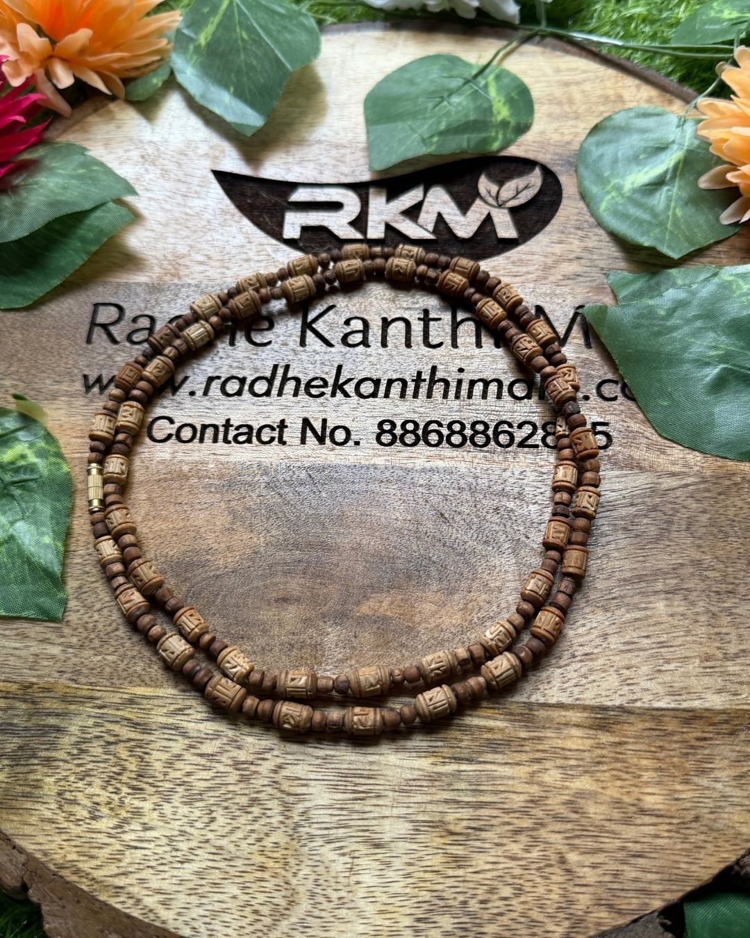 2 Round Brown Tulsi Kanthi Mala with Radha Beads in a traditional Vaishnav devotional design