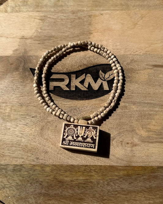 Detailed view of Shri Shriman Narayan Bhaktmal Tulsi Mala beads made from original Tulsi wood