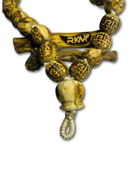 Close up of large tulsi beads in Radha Tulsi Kanthi Mala