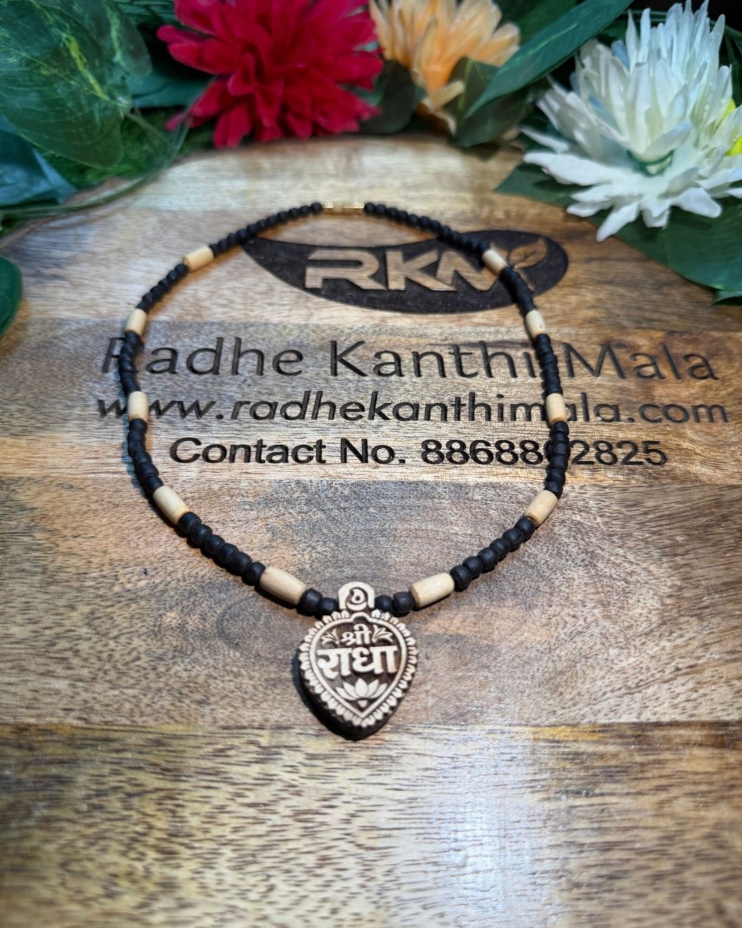 Premium radha locket Tulsi Mala with Dark Black Round Beads - Natural Tulsi beads with Radha locket