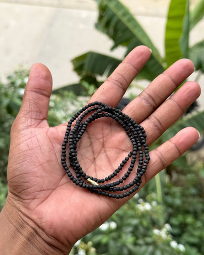 2 Round Black Tulsi Mala with round black Tulsi beads front view for daily spiritual wear and chanting