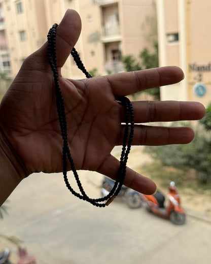 Full length view of 2 Round Black Tulsi Mala with round black Tulsi beads