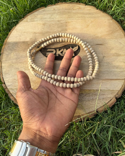 Close up of 2 Round Kanthi Mala with Best Quality Tulsi Beads showing premium Tulsi wood beads