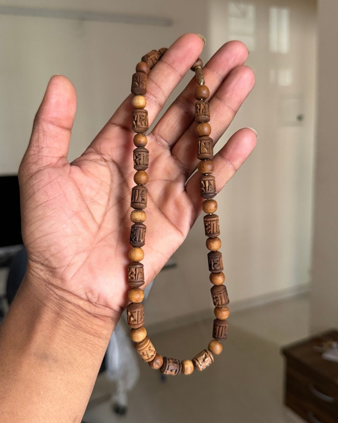 2 Round Radha Name Dark Brown Original Tulsi Mala with natural dark brown Tulsi beads front view for daily devotional wear and chanting.