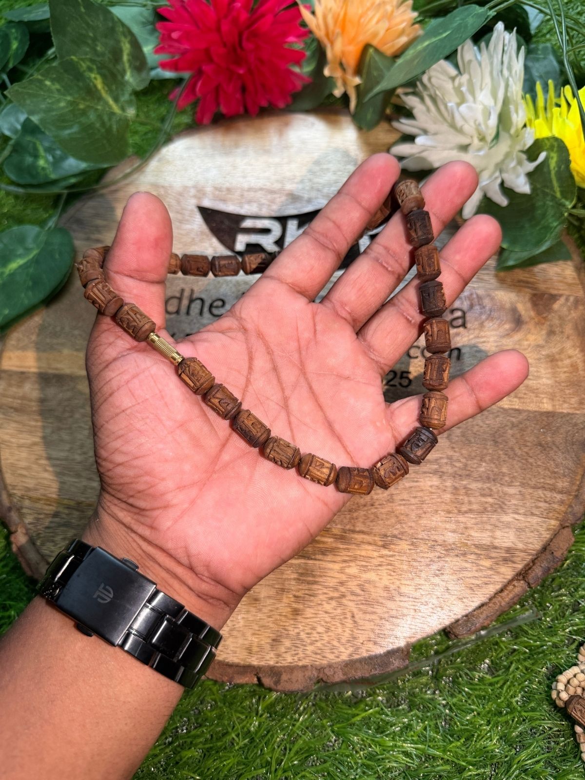 Original 1 Round Radha Name Dark brown tulsi mala made with natural Tulsi wood beads for devotional wear