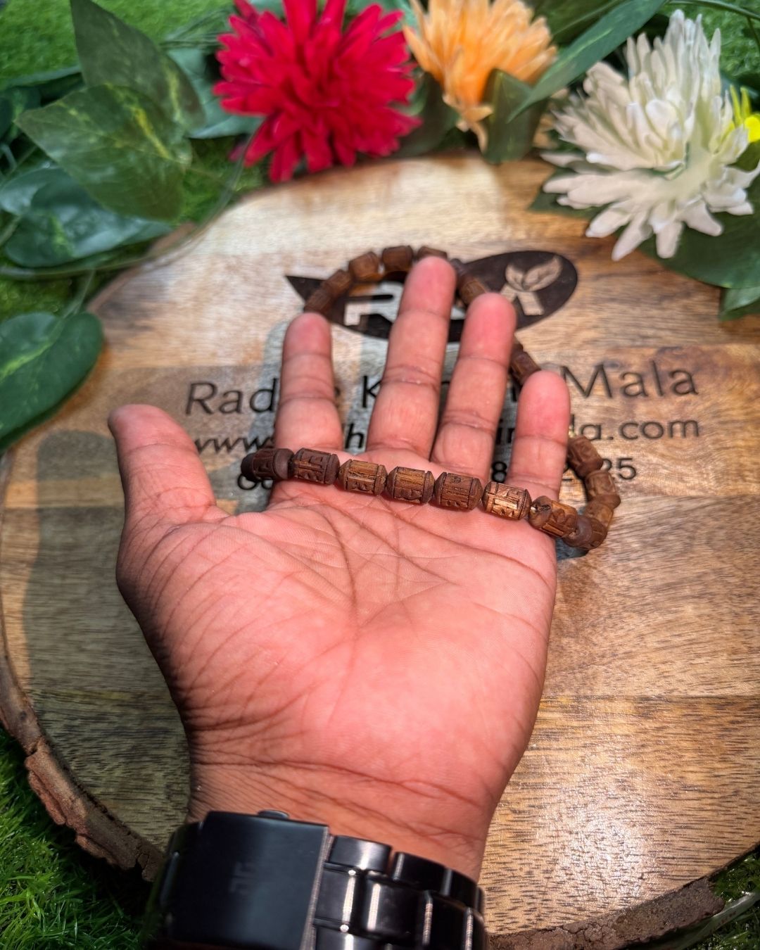 Original 1 Round Radha Name Dark brown tulsi mala with traditional Kanthi design for devotees