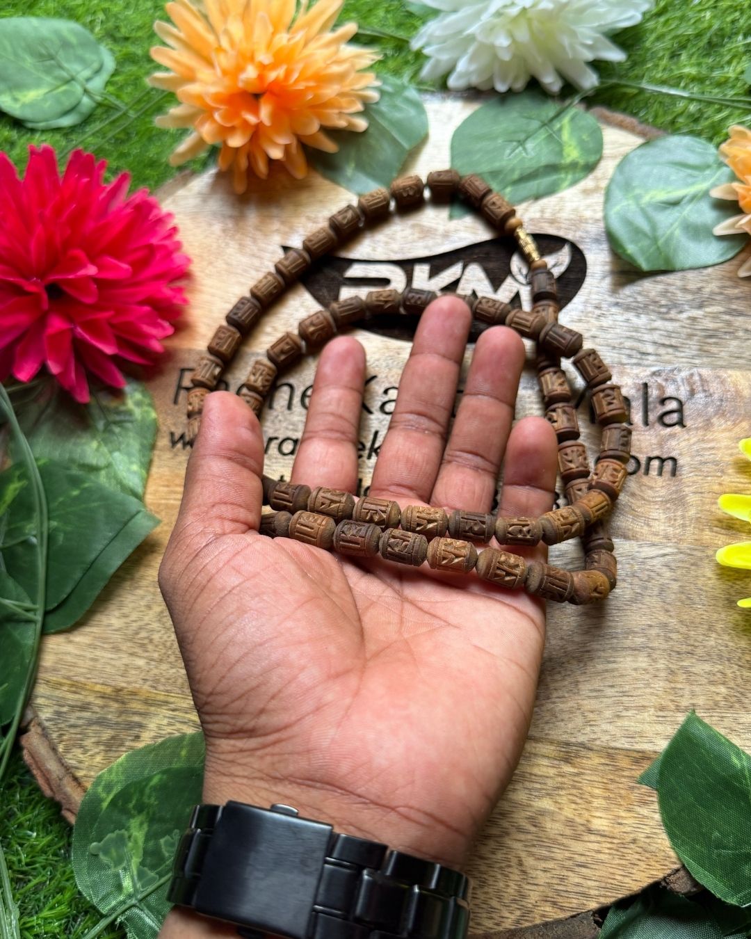 Original 2 Round Radha Name Dark brown tulsi mala made with natural Tulsi wood beads for devotional wear