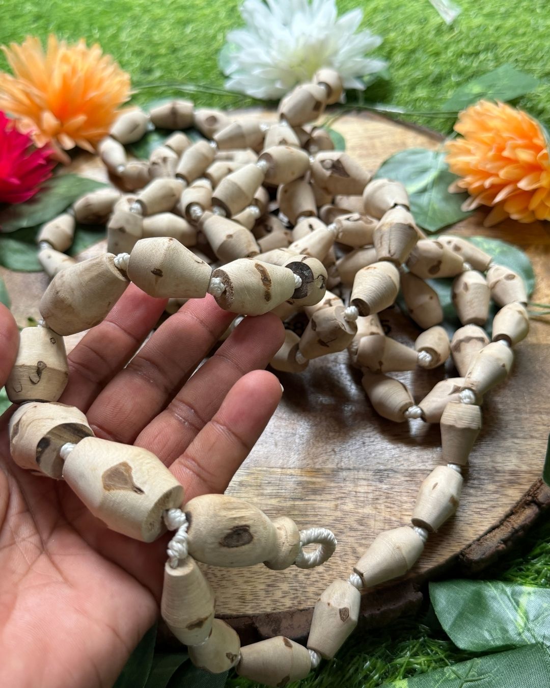 Original Tulsi Mridanga Shaped Japa Mala 108 + 1 ( 10 - 16mm) Beads suitable for meditation prayer Krishna bhakti and devotional practice