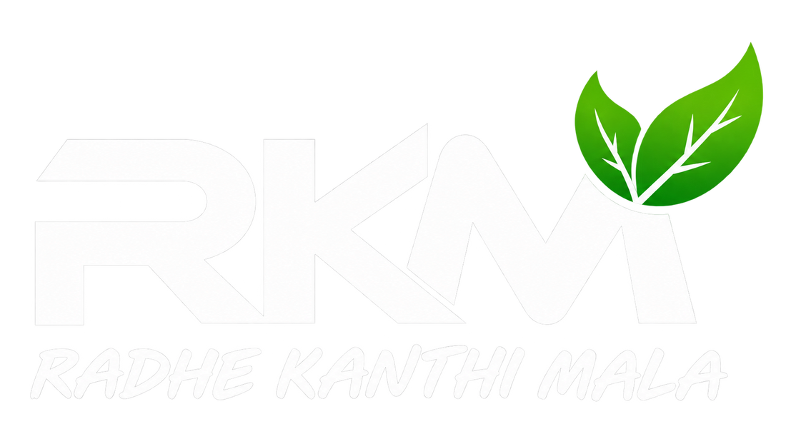 RKM Radhe Kanthi Mala logo with green leaves.