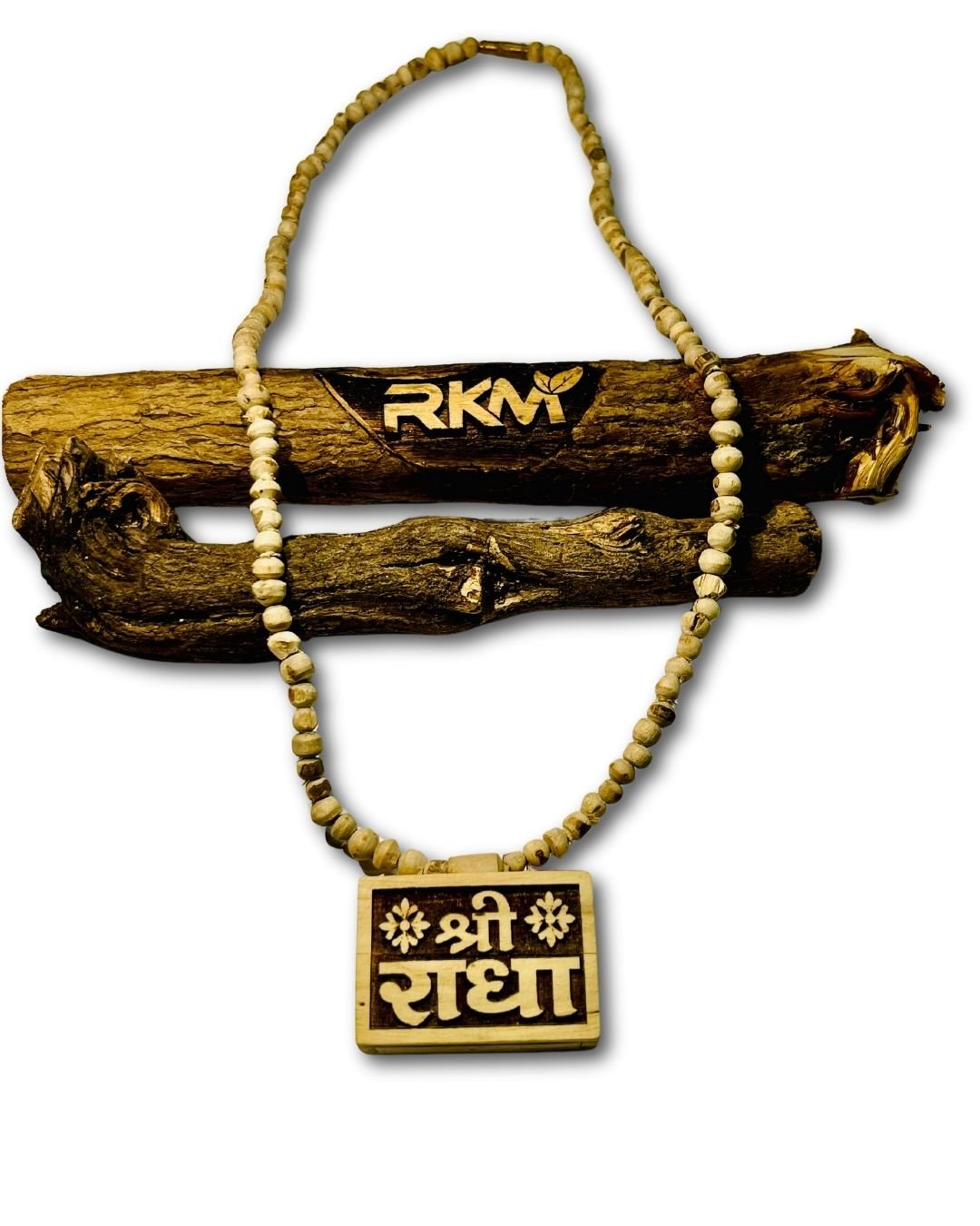 Close up view of Radha Naam Bhaktmal Tulsi Mala beads