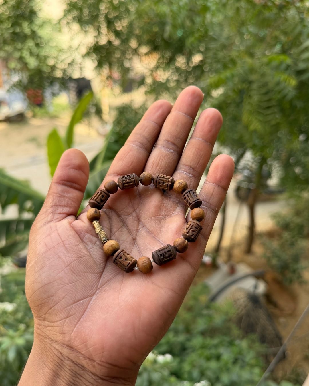 Radha Name Brown Tulsi Bracelet with round Tulsi beads for everyday devotional wear