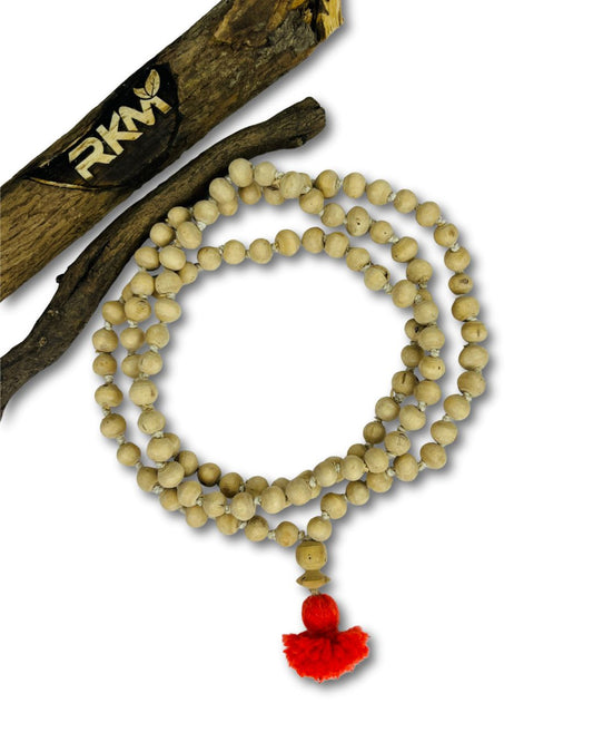 Close-up view of Real Tulsi Japa Mala showing smooth natural Tulsi wood beads for chanting and meditation.