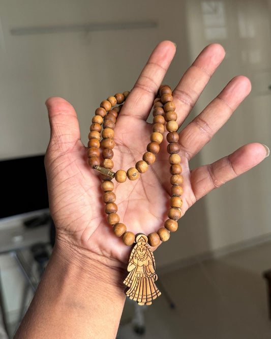Shri Radha Locket Mala made with original dark brown Tulsi beads for devotional wear and spiritual practice