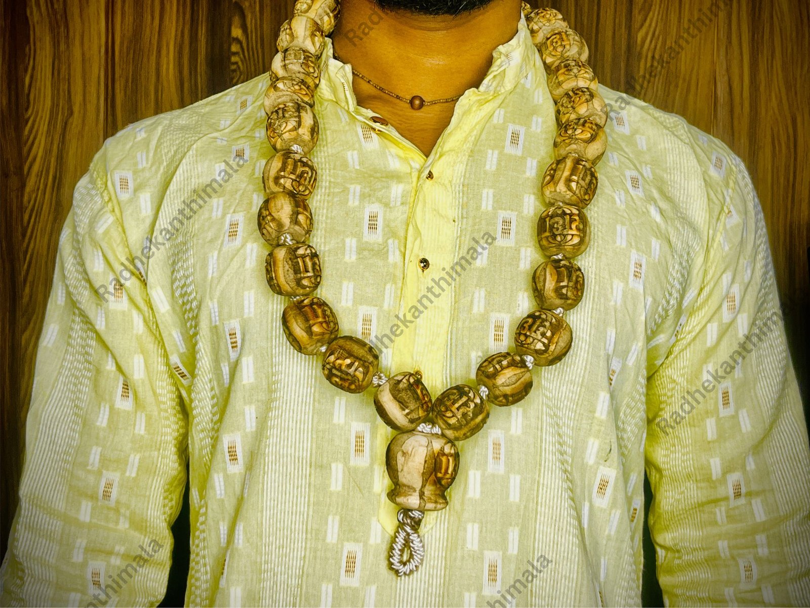 Big Beads Radha Tulsi Mala front view natural tulsi wood kanthi mala