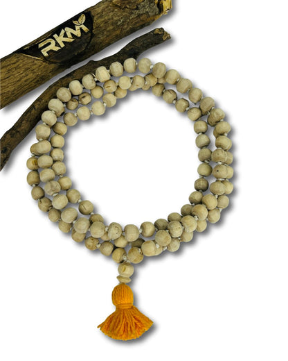 Close-up of Hand Made Tulsi Japa Mala showing natural Tulsi wood beads for chanting and meditation.