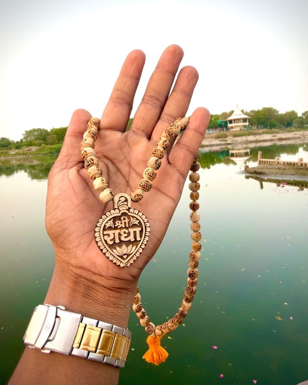 Devotee wearing Radha Name Tulsi Locket Mala