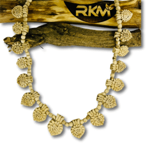 close up view of hand made 16 patta tulsi mala natural tulsi wood finish