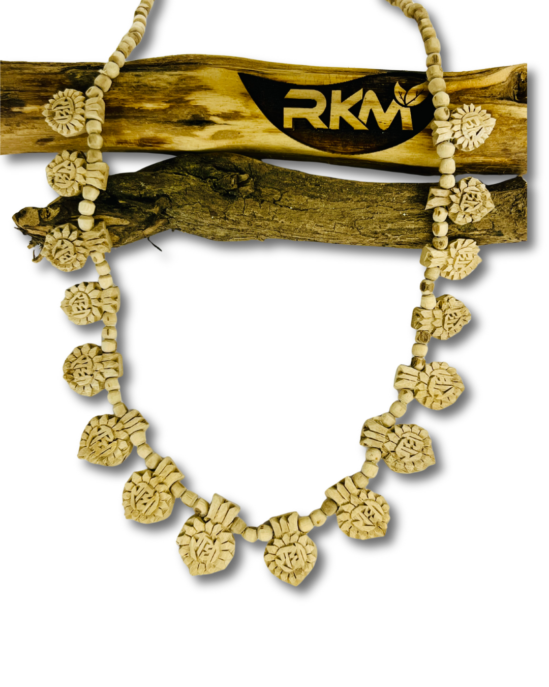 close up view of hand made 16 patta tulsi mala natural tulsi wood finish