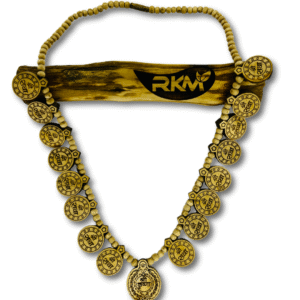 close up of premium round 16 patta tulsi mala natural tulsi wood finish