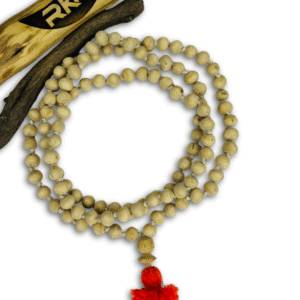 Close up of Real Tulsi Japa Mala showing natural Tulsi wood beads