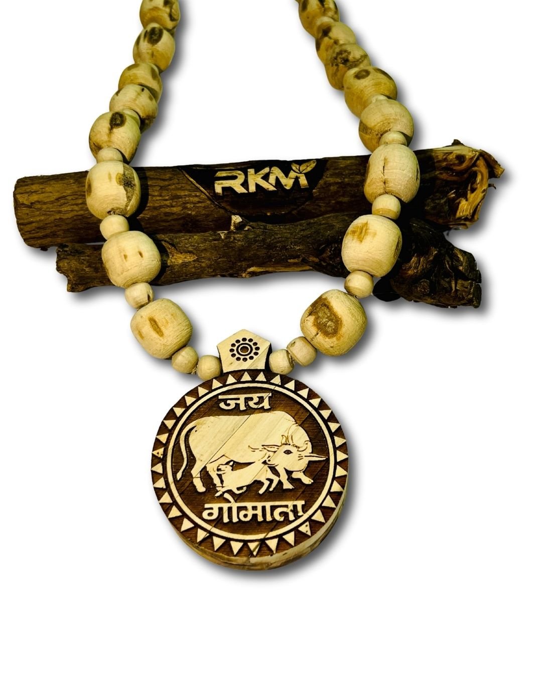 Close up view of Jai Gaumata Tulsi Mala natural tulsi beads