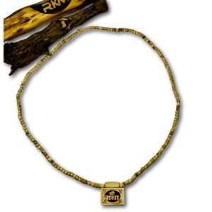Close up of Shri Radha Bhaktmal locket on Tulsi Mala