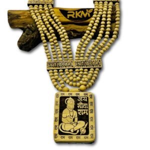 Close up view of Hanuman Ji Tulsi Pancha Mala tulsi beads