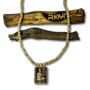 Close up view of Hanuman Ji Locket Tulsi Mala showing detailed pendant and smooth Tulsi beads